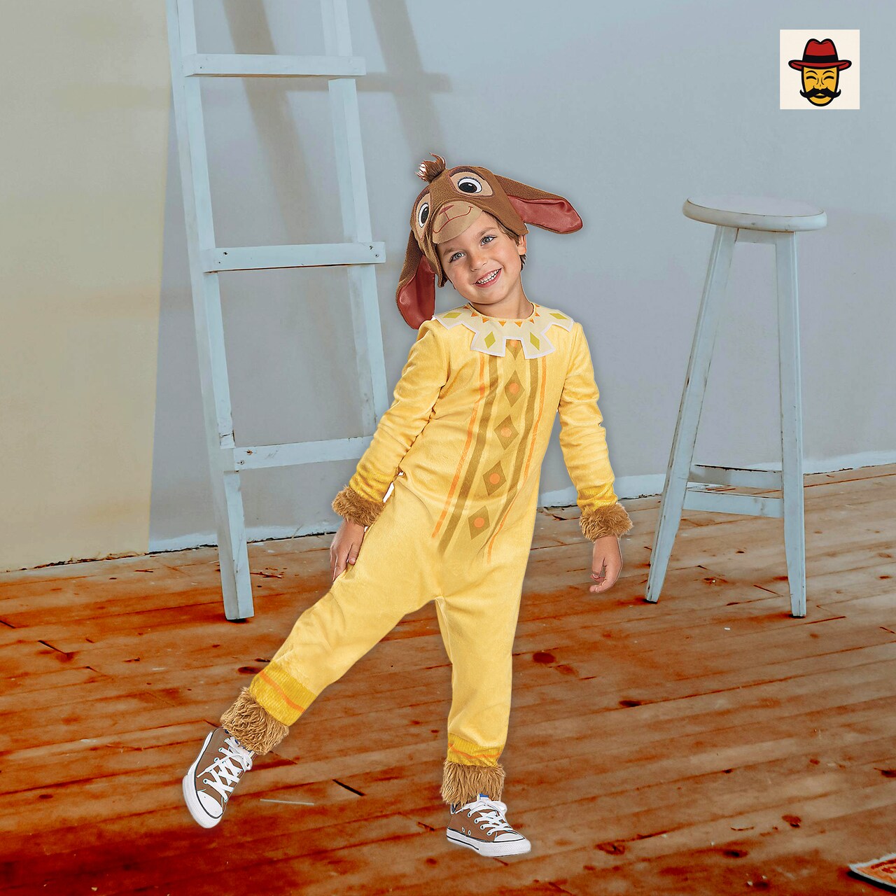 Kids Classic Disney Wish Valentino Costume, Yellow Jumpsuit Faux Fur Goat Headpiece